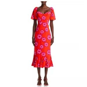 RHODE Red and Pink Ruffled Midi Dress with Puff Sleeves